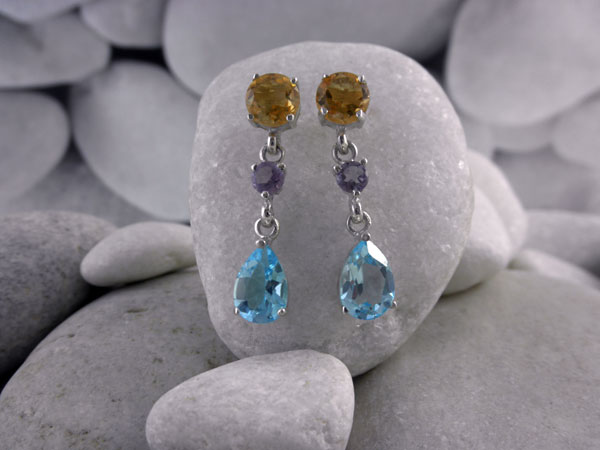 EARINGS. Sterling silver and Citrine Quartz, Amethyst and Blue Topace gemstones,. Foto 1
