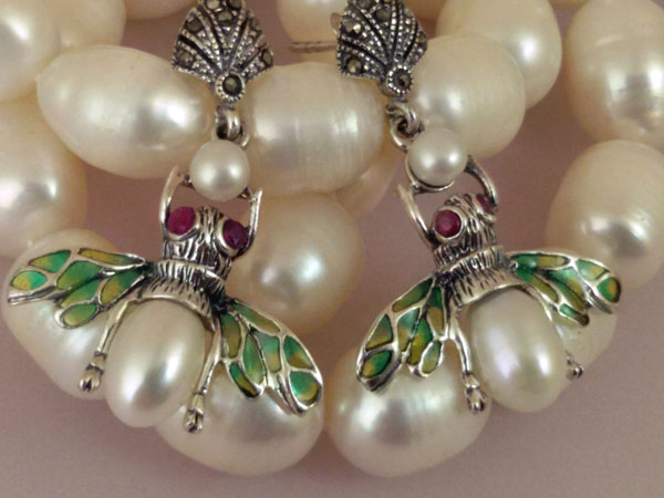Pendientes Victorianos de plata, perlas y rubis.. Foto 1