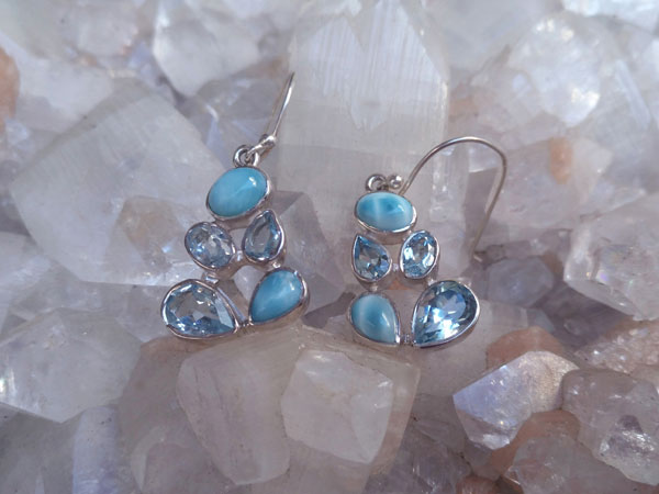 Pendientes artesanales de plata, Larimar y Aguamarina.. Ref. MIQ