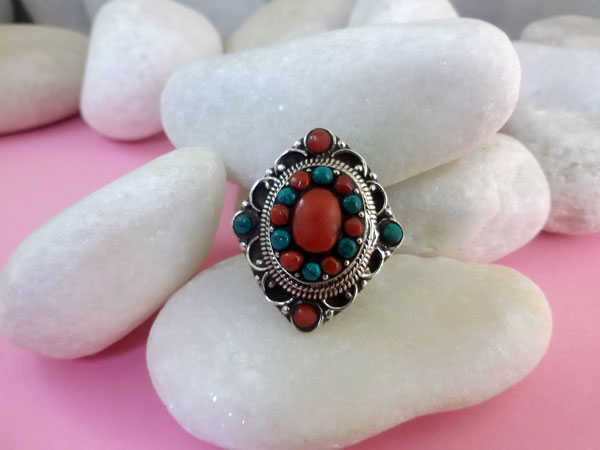 Sterling silver, Coral and Turquoises ring.. Foto 1
