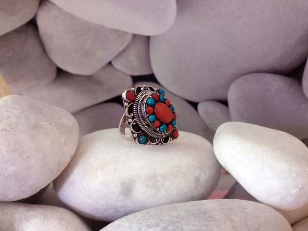 Sterling silver, Coral and Turquoises ring.. Foto 2